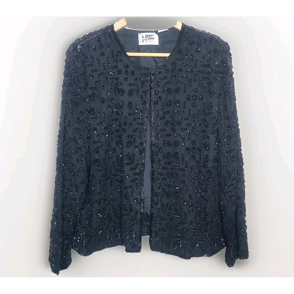Vtg 80s Niteline Black Silk Beaded Womens Evening Floral Party Formal Jacket